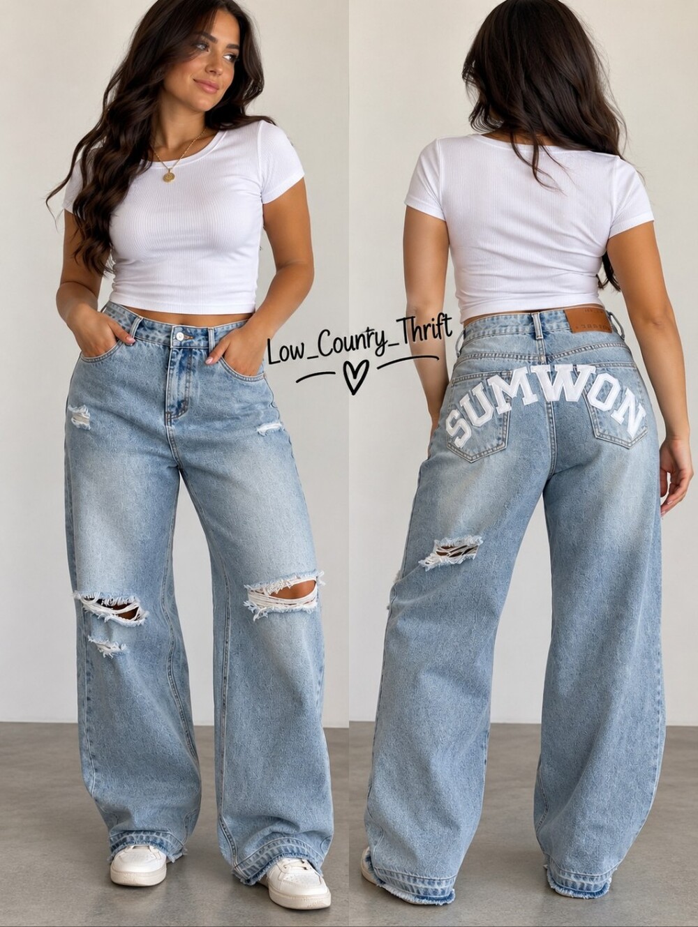 SUMWON 29 Wide Leg Baggy Jeans Y2K Distressed Logo Denim NWT
